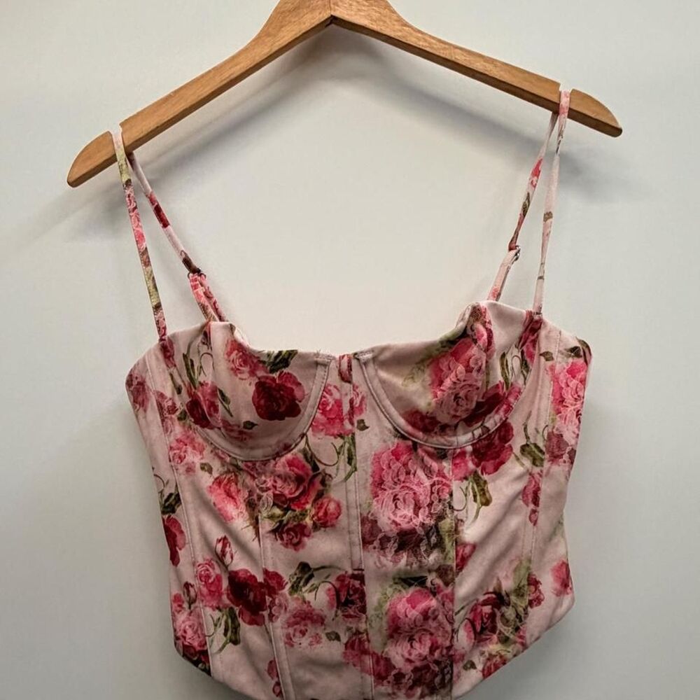 White Fox Pink flirty rose lace print bustier top in small